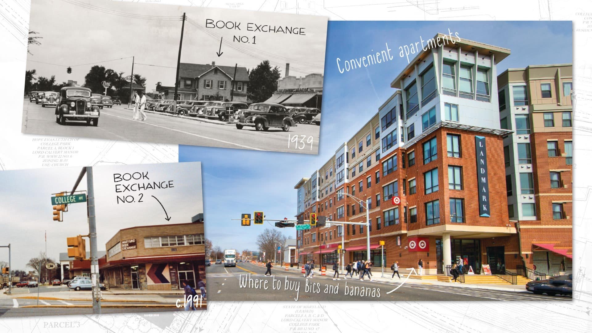 Collage showing archival photos of Book Exchange No. 1 and Book Exchange No. 2 with a contemporary photo of the Landmark Apartments: convenient apartments, where to buy Bics and bananas