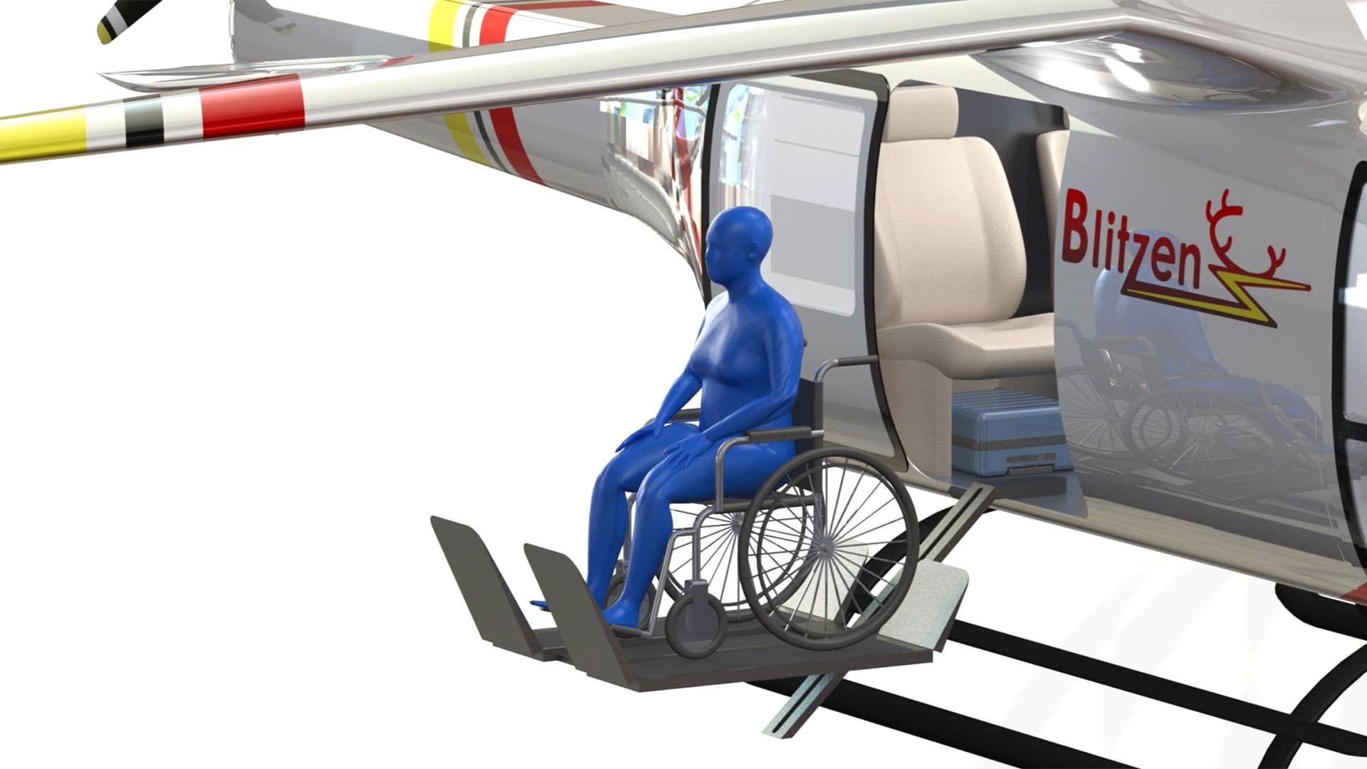 rendering of person in wheelchair boarding Blitzen helicopter