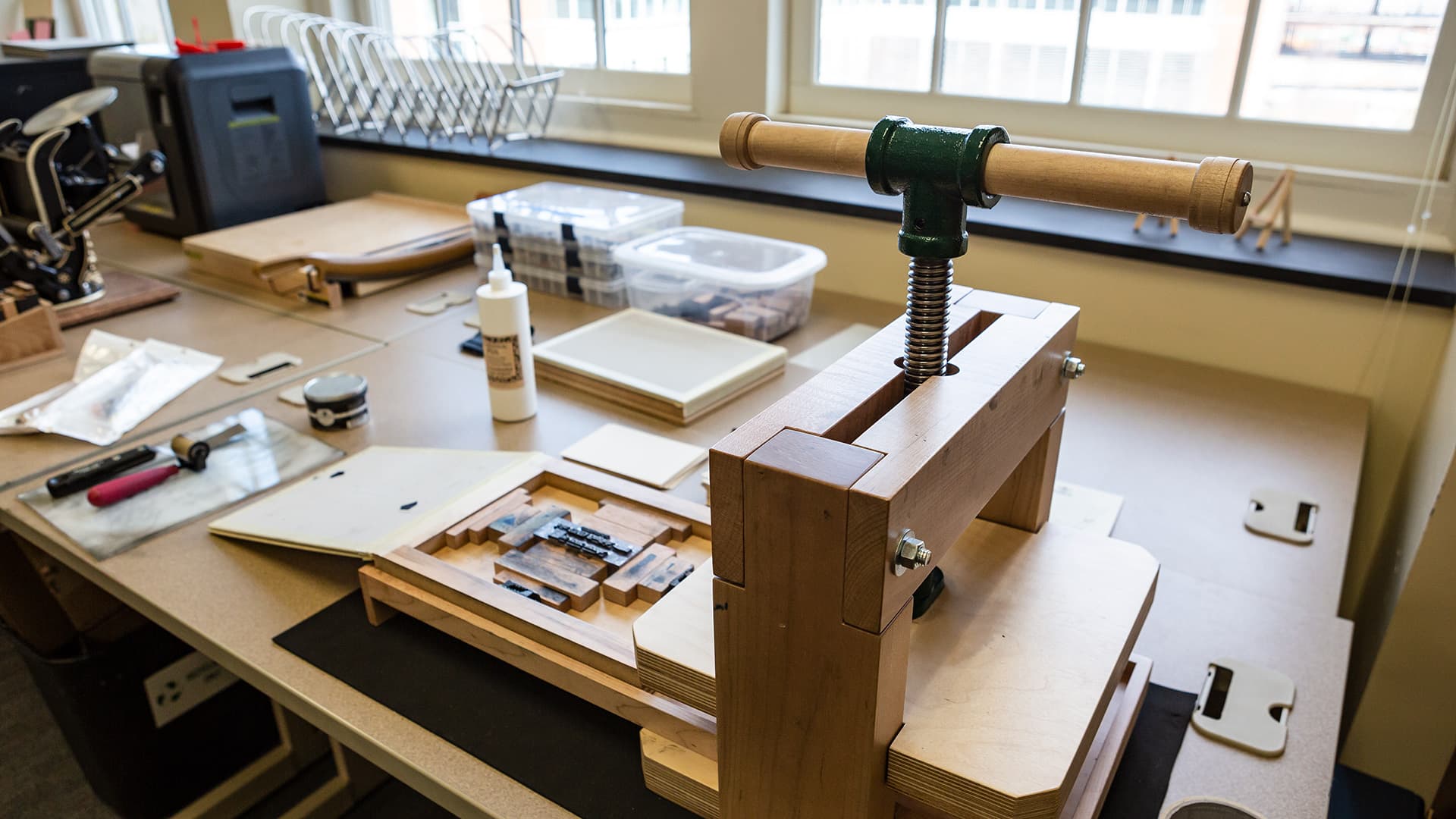 wooden printing press in UMD's BookLab