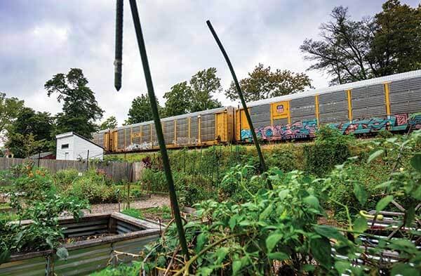 Train tracks run directly behind the Cottage City Community Garden that Drakeford co-manages.