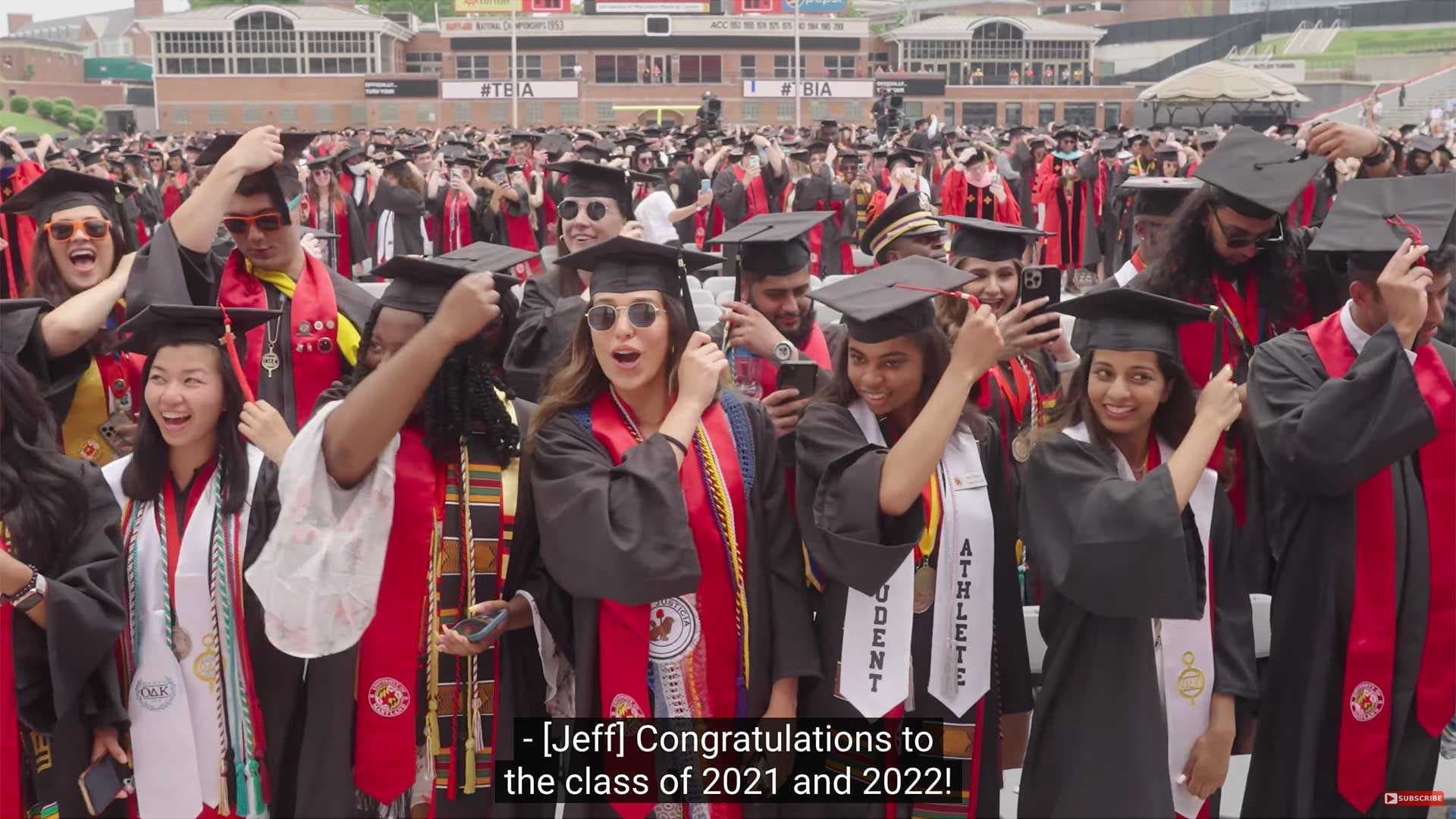 Screengrab from UMD's commencement video with caption reading: "[Jeff] Congratulations to the class of 2021 and 2022!"