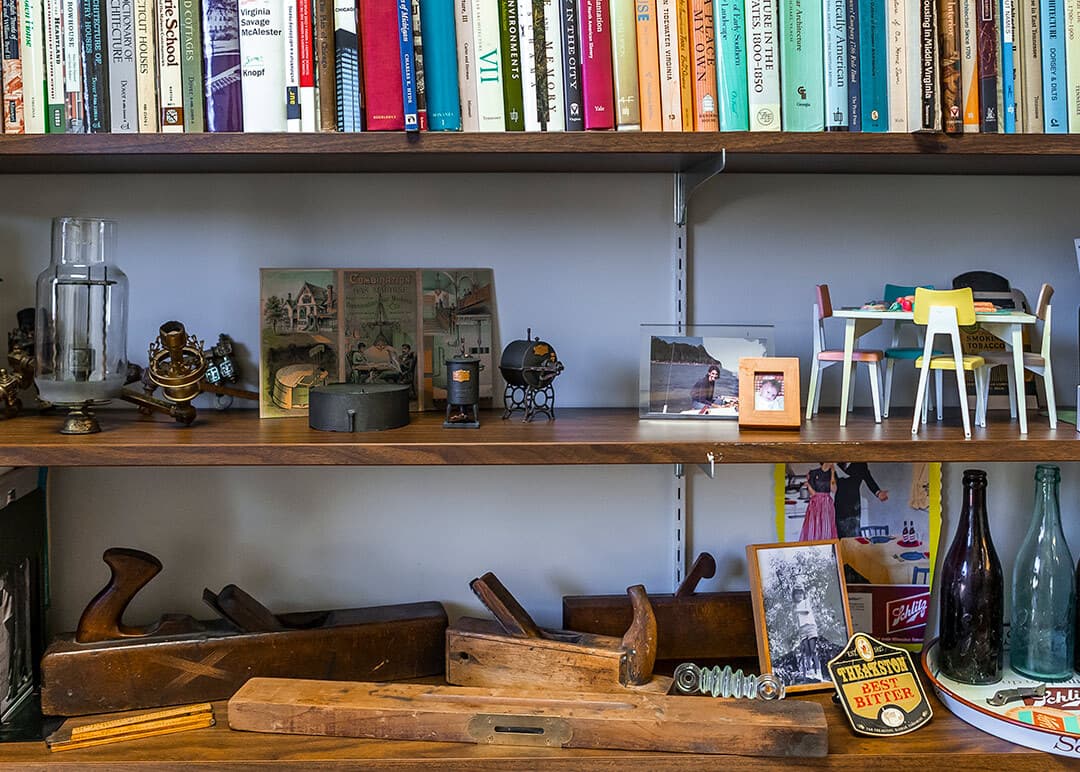 Office shelves with gas lights, woodworking hand tools