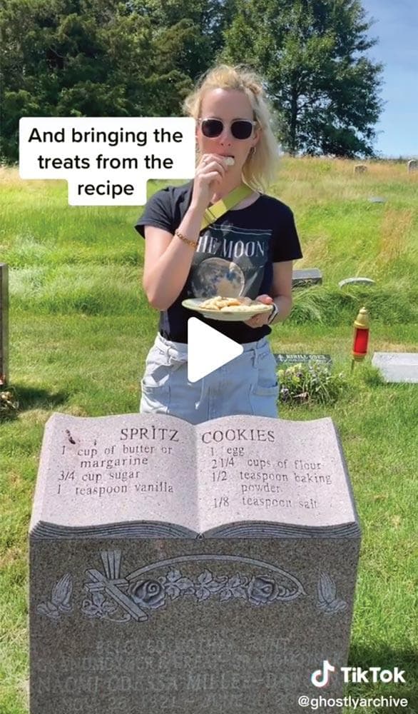 screenshot from Rosie Grant's TikTok, with Rosie at a cemetery