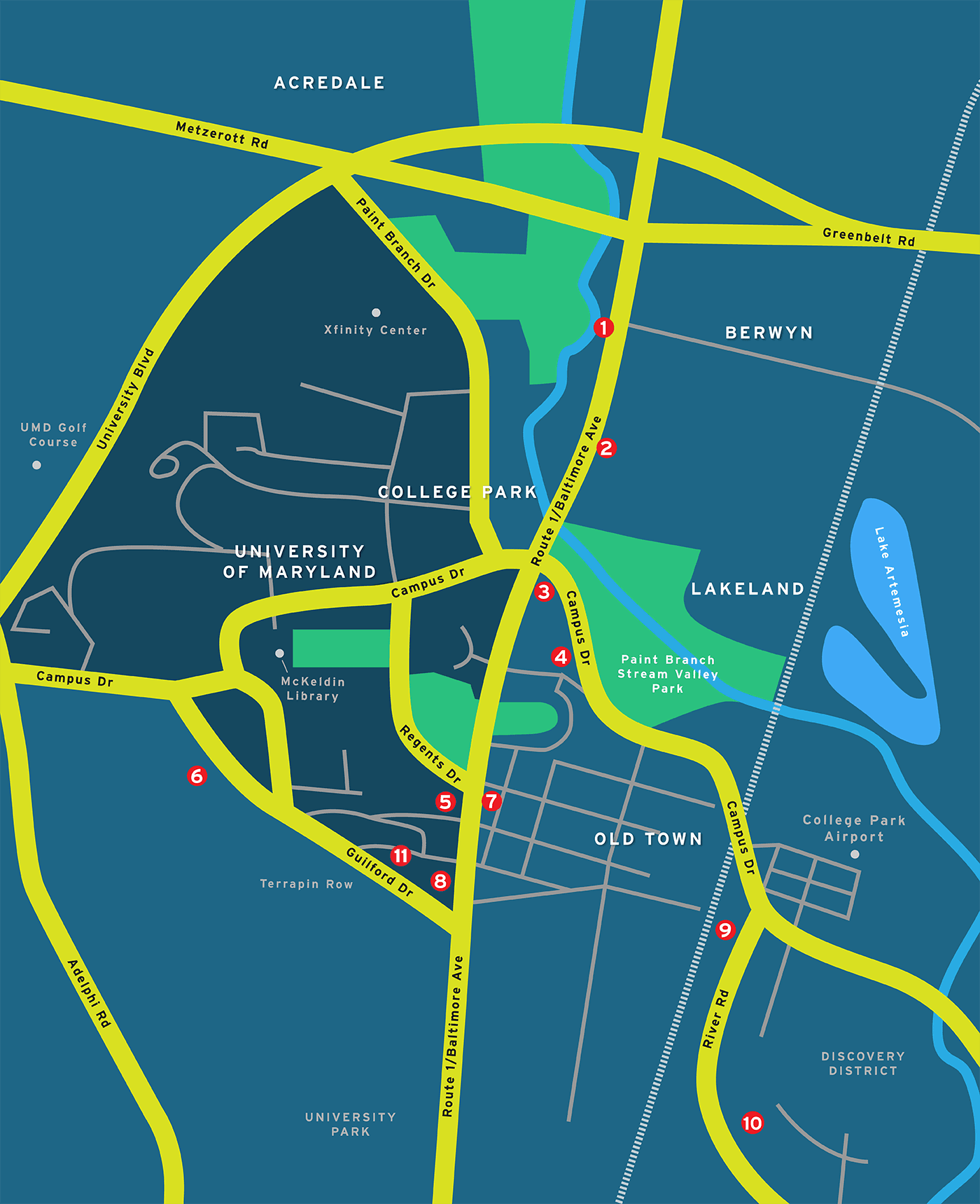 Greater College Park map, with site numbers 1-11