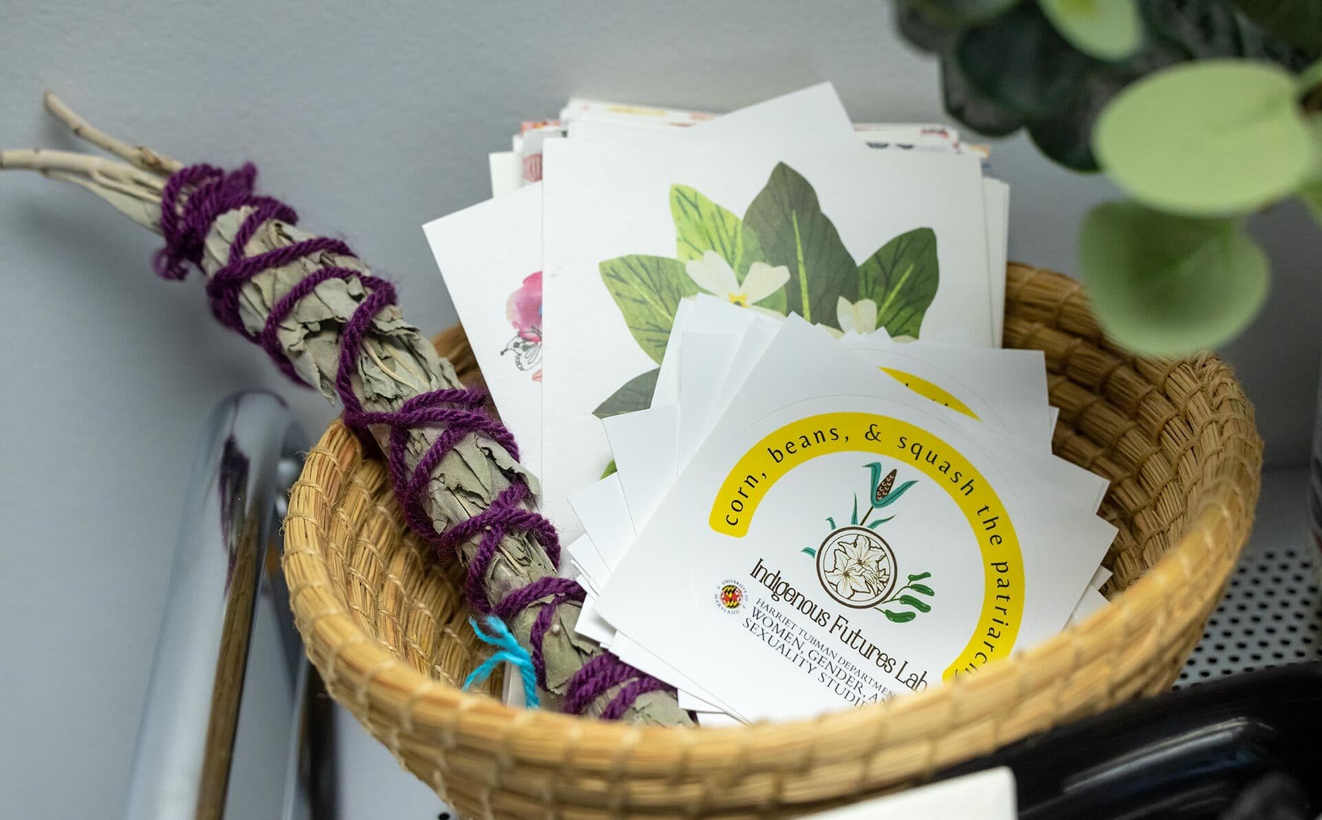 bundle of sage, cards that say "corn, beans, squash and the patriarchy" in a woven basket