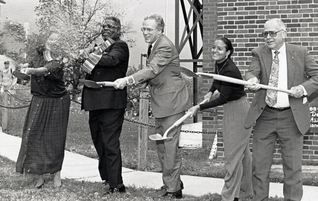 Nyumburu Cultural Center Director James Otis Williams and university President Brit Kirwan join other UMD administrators in breaking ground on the center’s Campus Drive location in 1994.