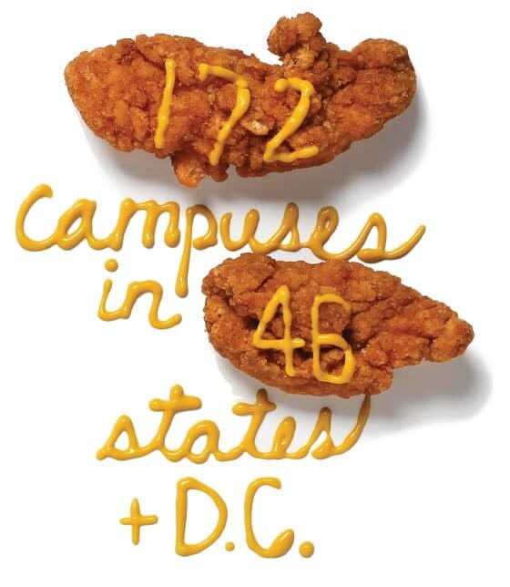 Chicken fingers that read, in mustard, 172 campuses in 46 states + D.C.