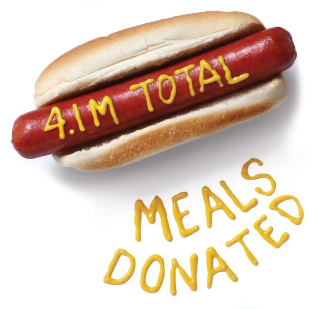 Hot dog that reads in mustard, 4.1M total meals donated