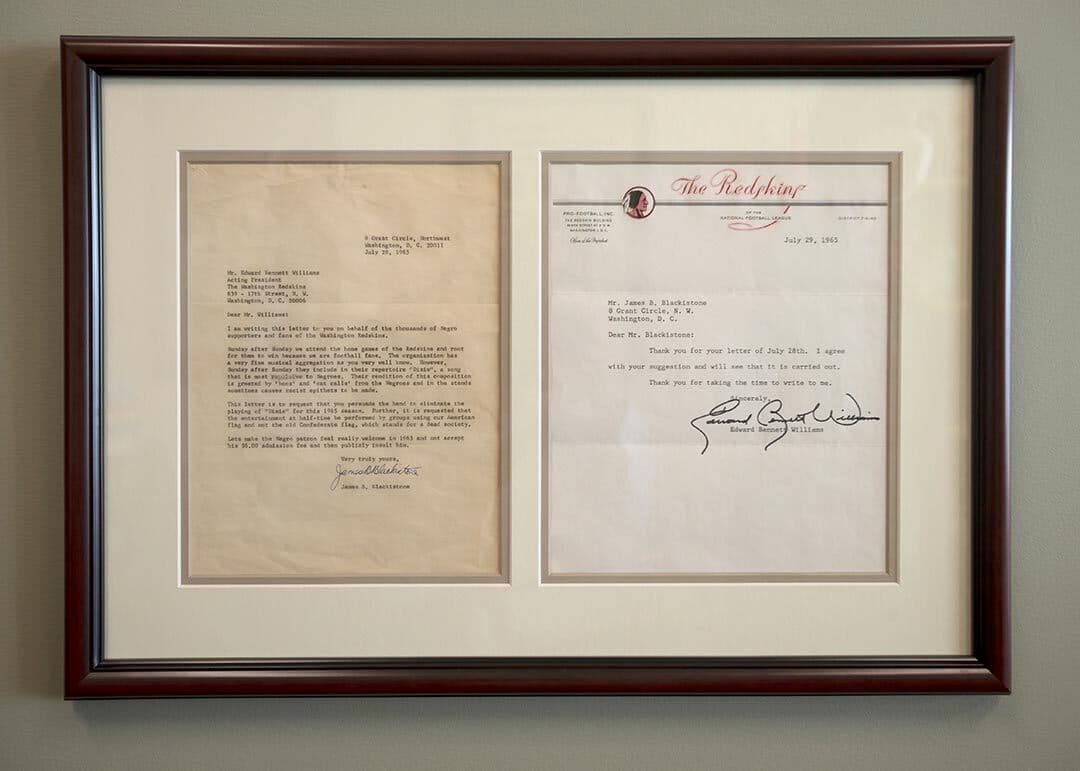 Framed letters to and from the Washington Redskins