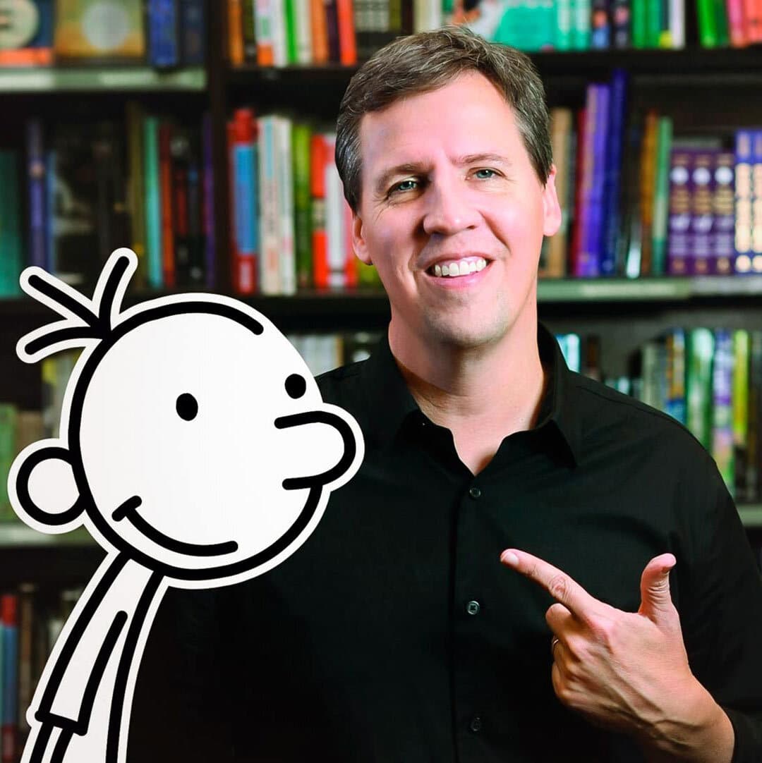 Jeff Kinney with "Wimpy Kid" illustration