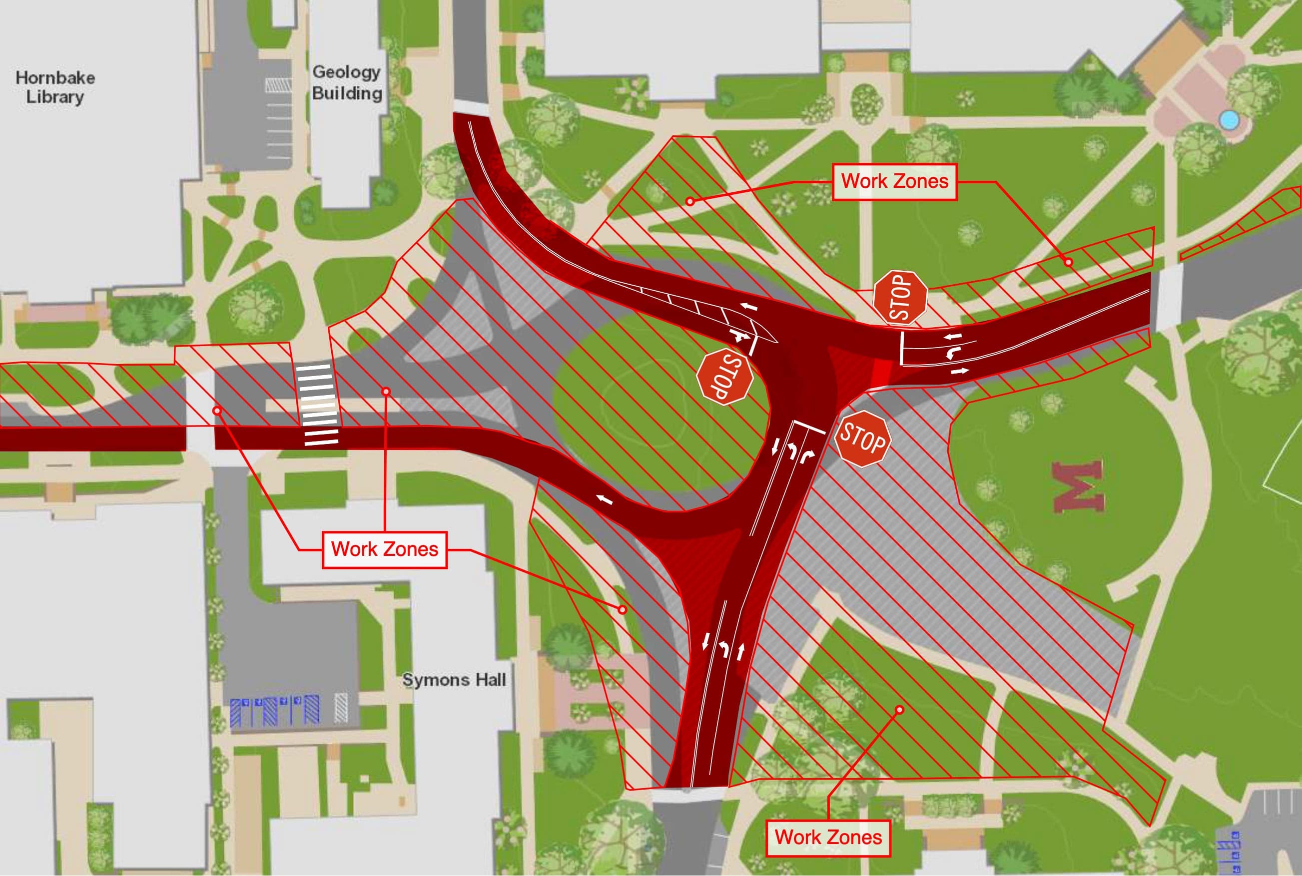 map showing reconfiguration of the traffic circle at Regents and Campus drives