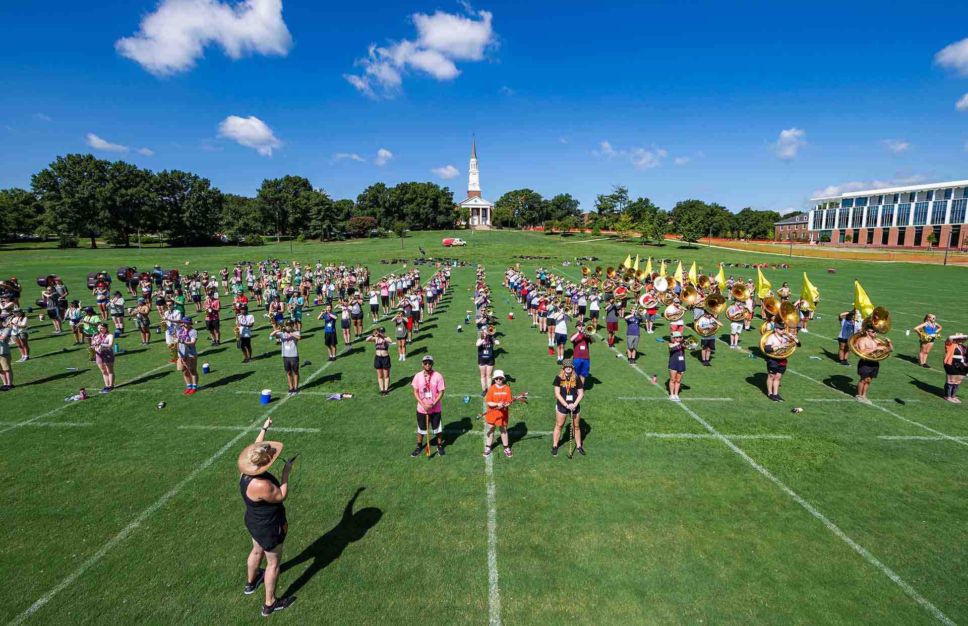 Marching band practices on Chapel Field