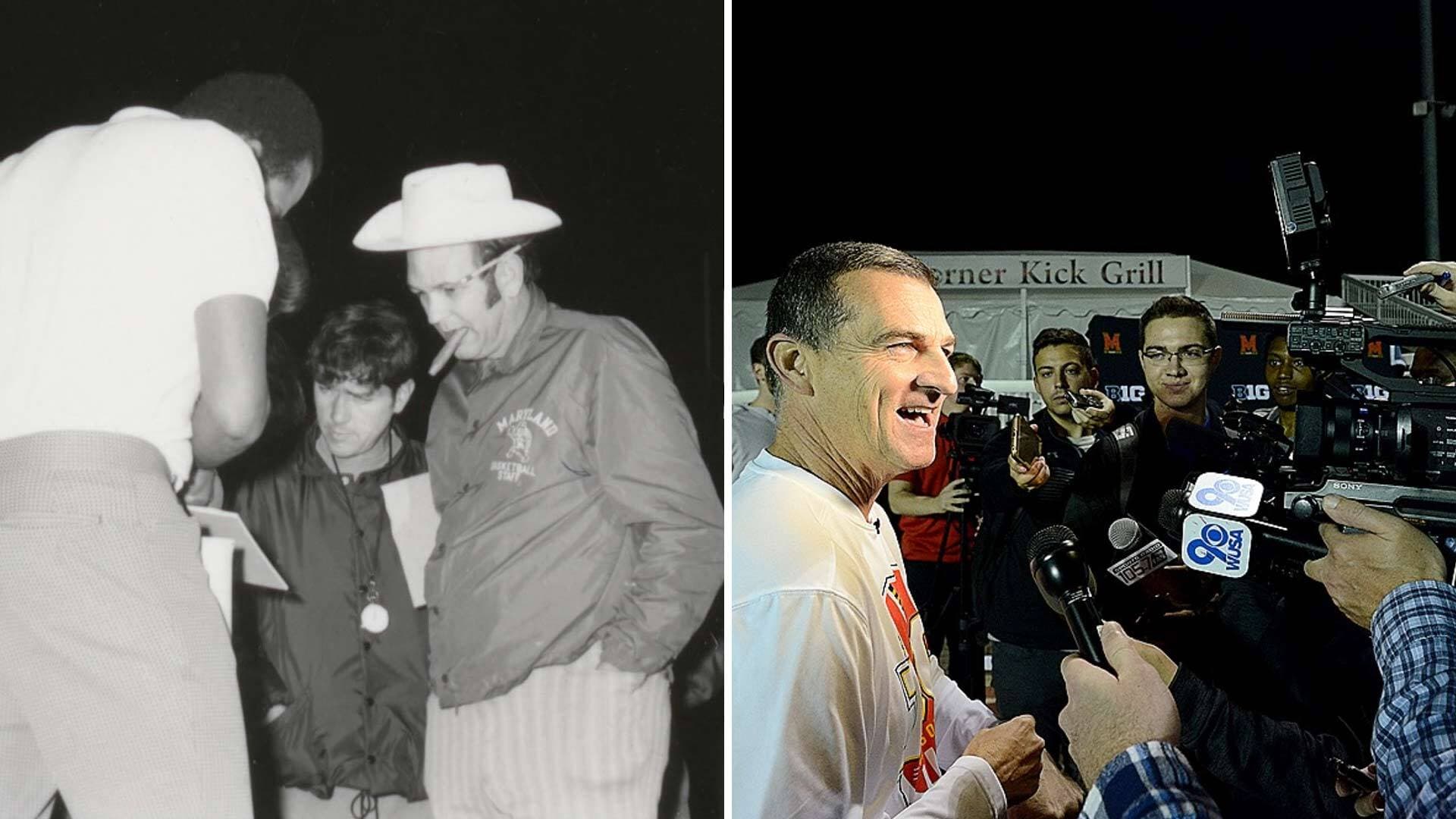 Archival picture of Lefty Driesell next to current picture of Mark Turgeon