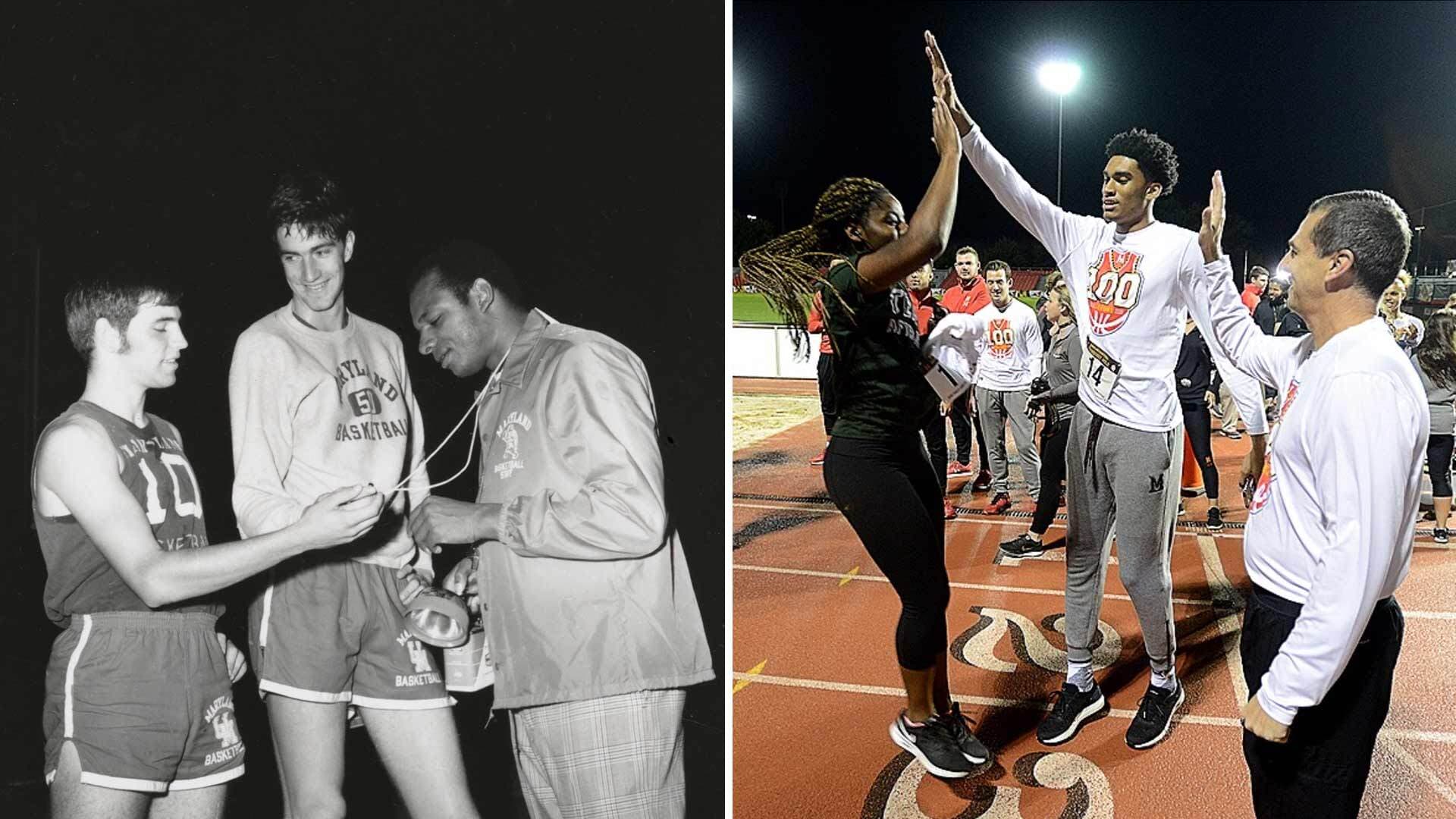 Archival and new pictures of UMD basketball players and coaches at the Midnight Mile