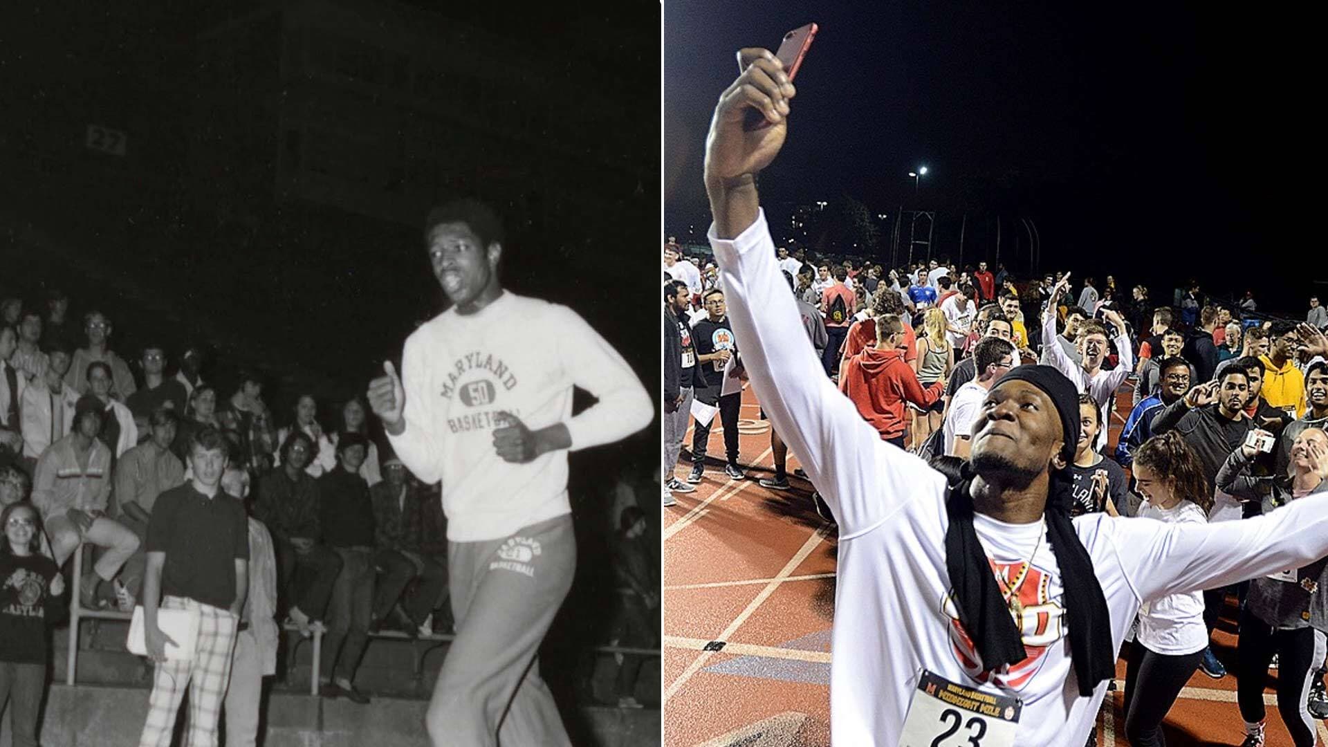 Archival and new pictures of UMD basketball players and fans at the Midnight Mile