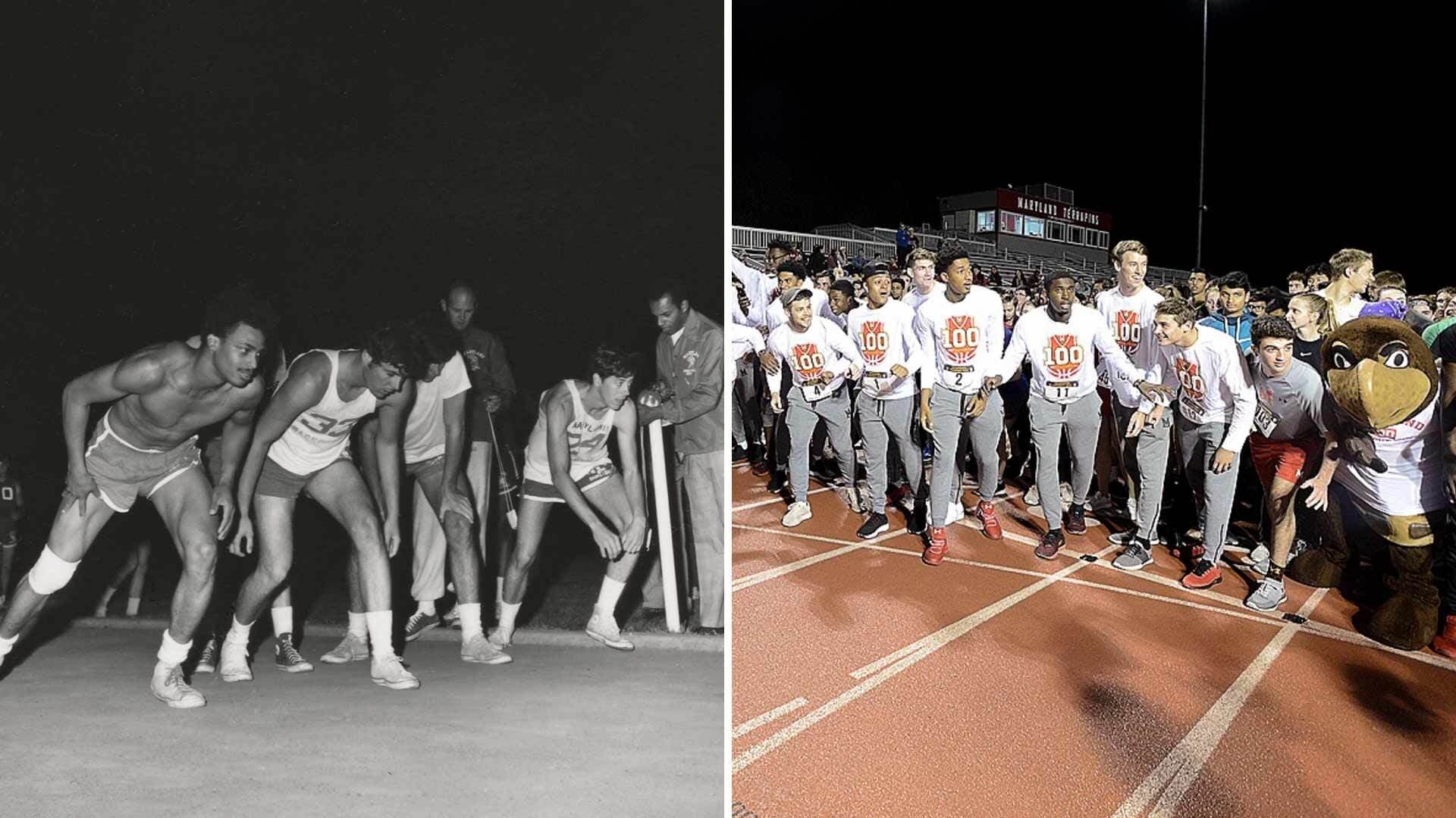 Archival and new pictures of UMD basketball players on the Midnight Mile starting line