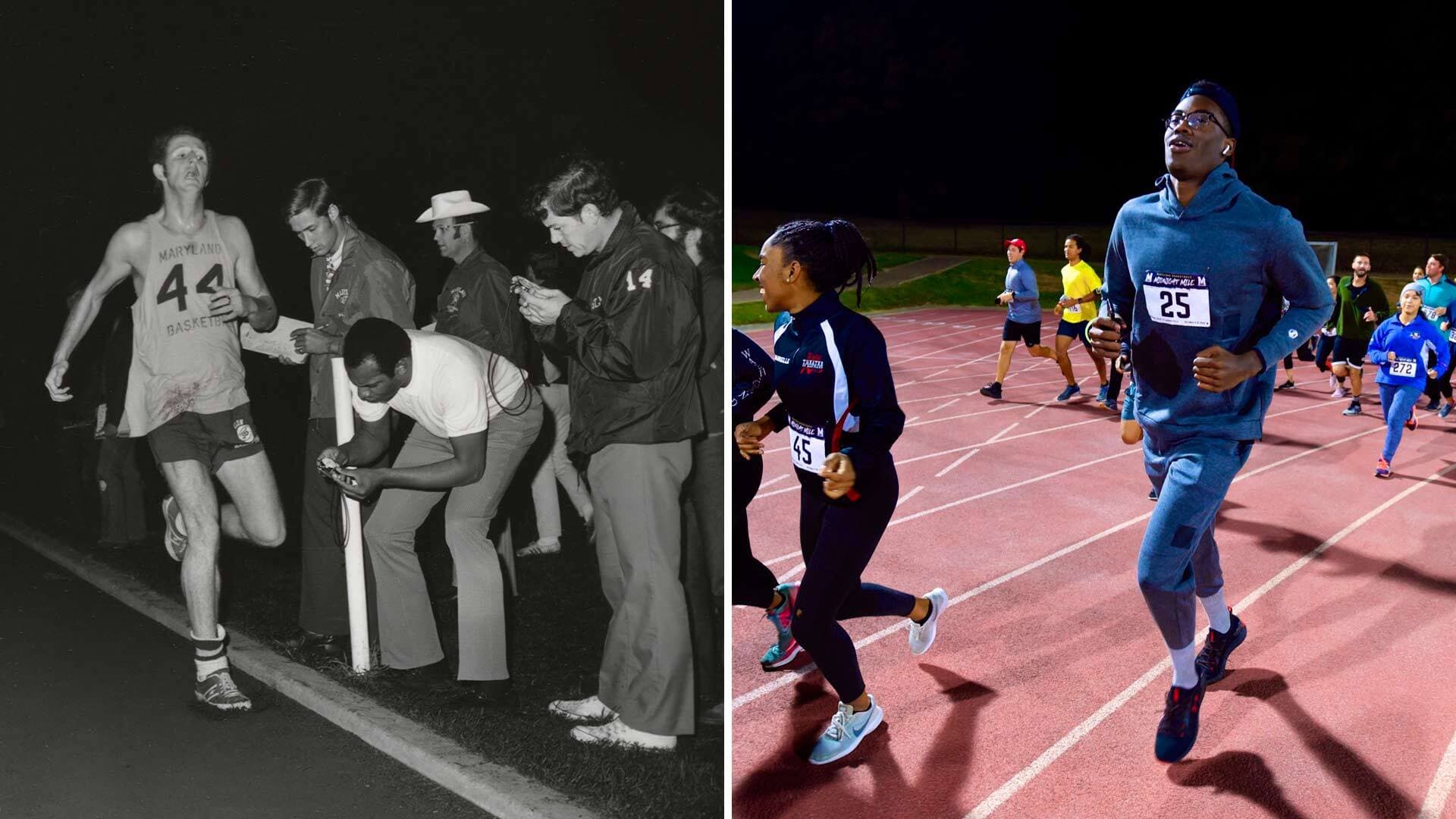 Archival and new pictures of UMD basketball players running the Midnight Mile