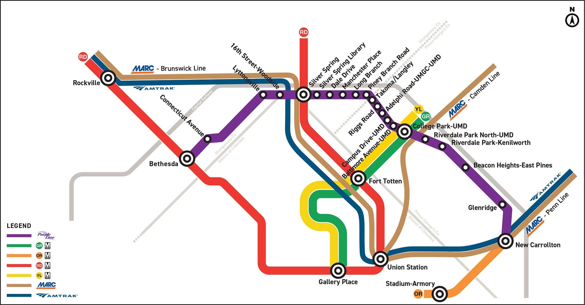 map of Purple Line connections to Metro lines, MARC and Amtrak