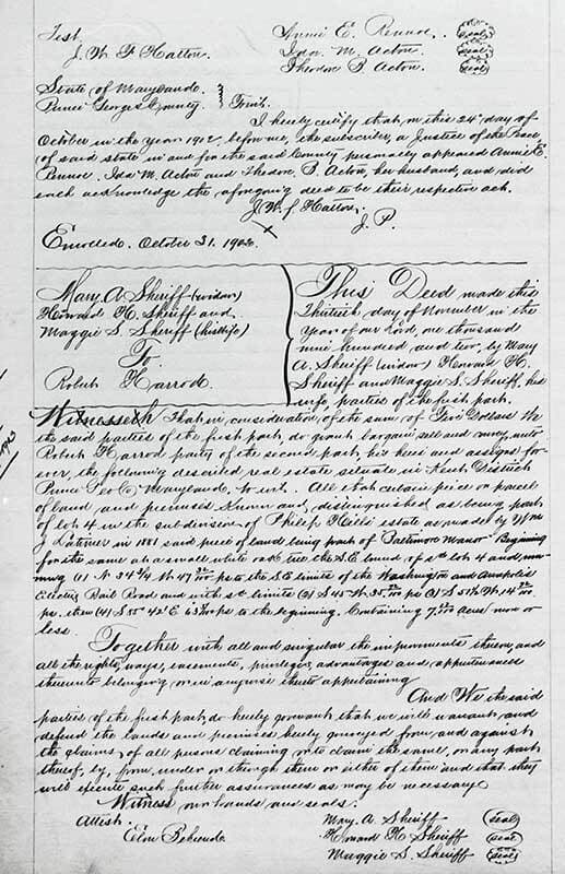 1902 deed documenting the sale of land from Mary Sheriff to Robert Harrod Sr.