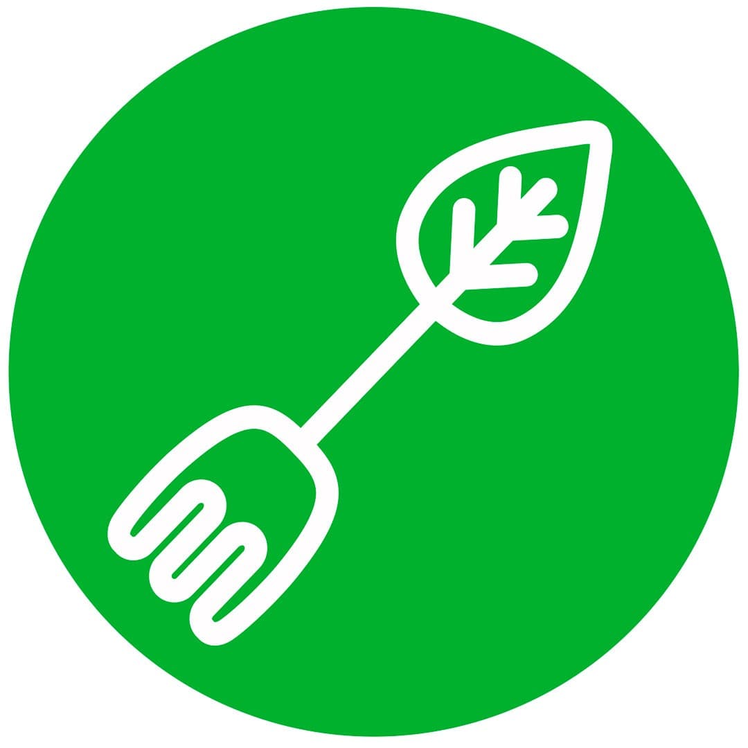 green and white icon of a fork with a leaf