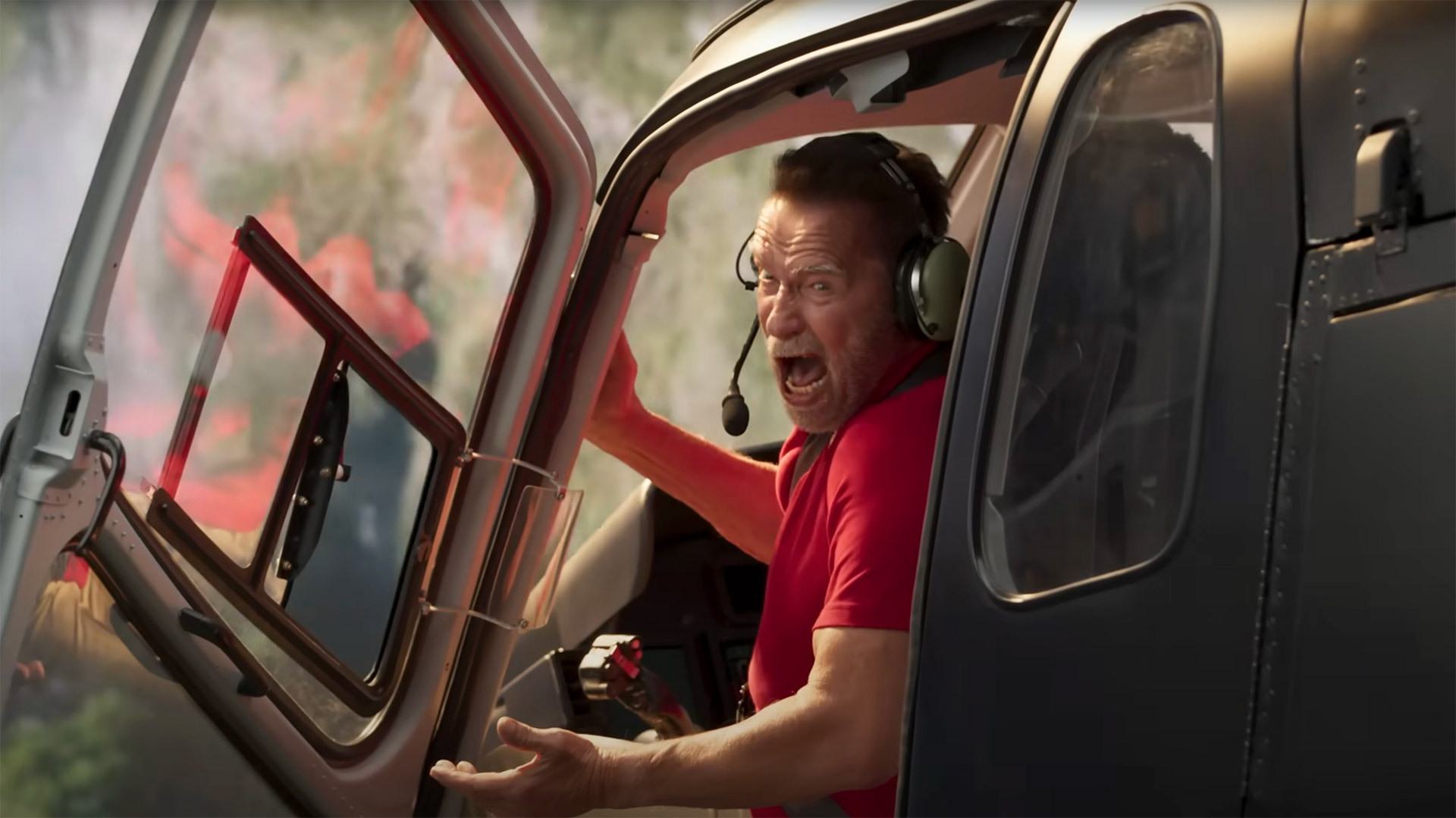 Arnold Schwarzenegger yelling in a helicopter