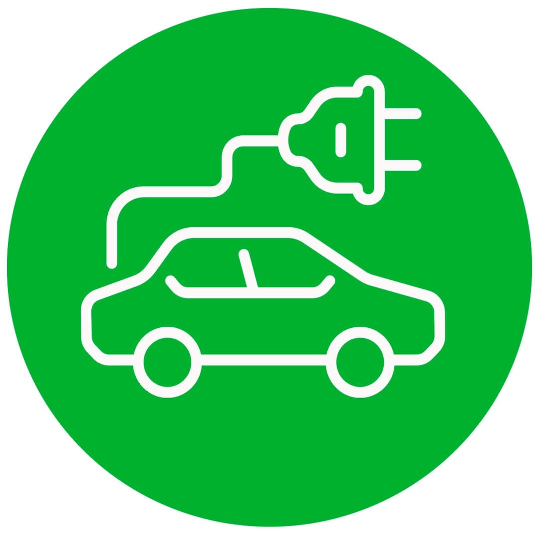 green and white icon of car with electrical plug