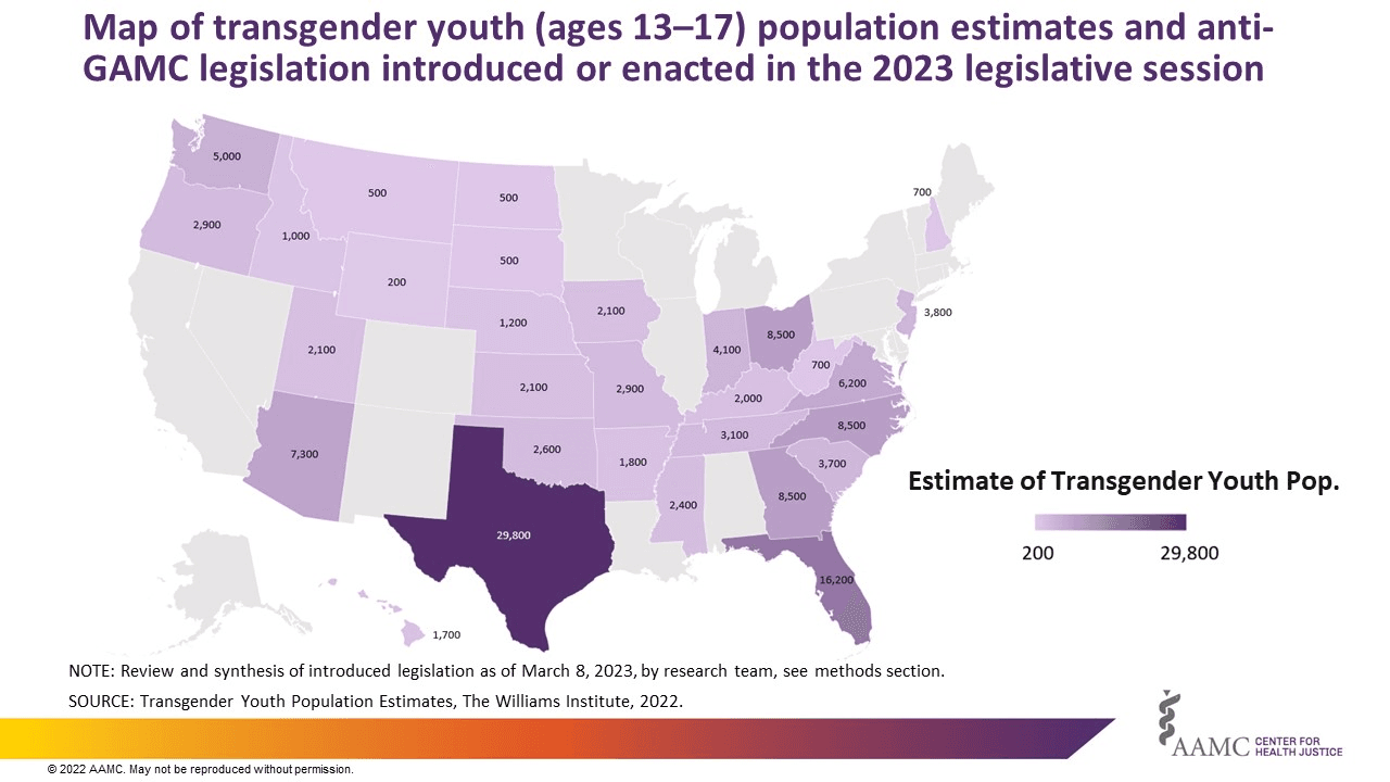 Map of transgender youth (ages 13-17) population estimates and anti-GAMC legislation introduced or enacted in the 2023 legislative session.