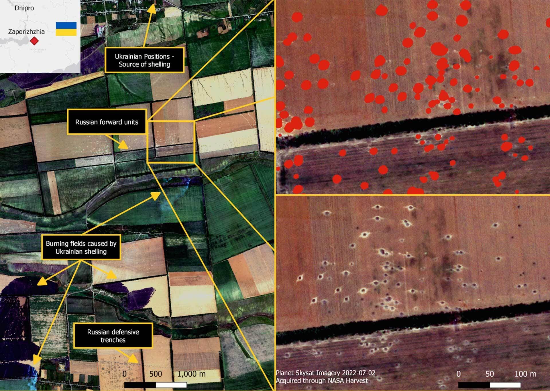 satellite imagery showing Ukrainian positions - source of shelling, Russian forward units, burning fields caused by Ukrainian shelling, and Russian defensive trenches