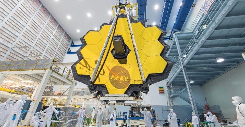 Webb space telescope is assembled in a clean room at Goddard Space Flight Center.