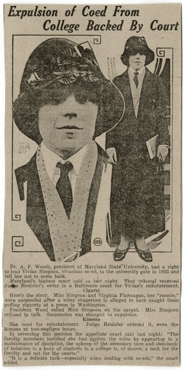 newspaper clipping: Explusion of Coed From College Backed By Court